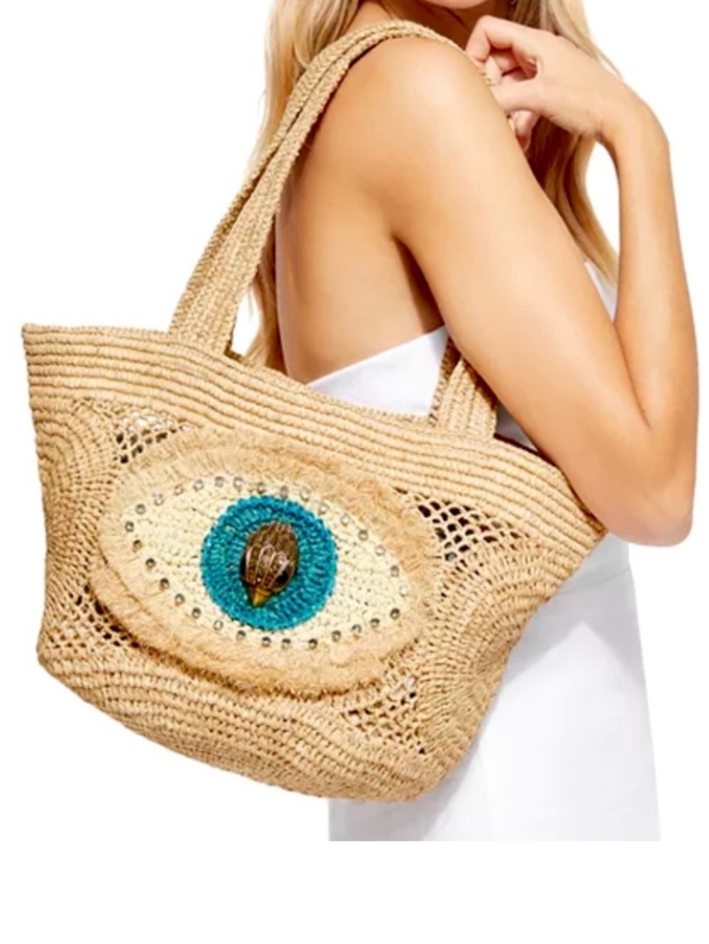 KURT GEIGER Raffia Evil Eye Basket tote beige natural NWT - Picture 3 of 17